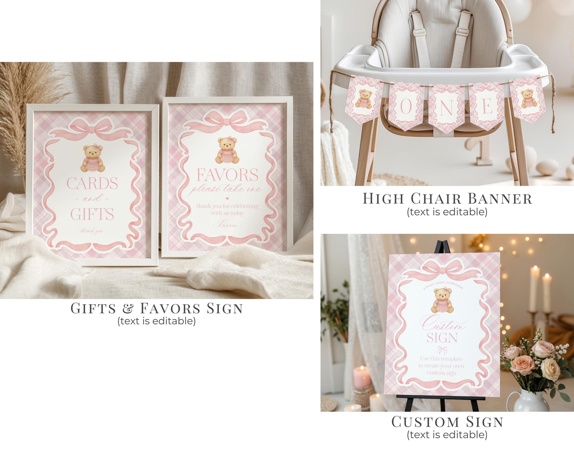 Pink Tartan Plaid Bear 1st Birthday Bundle Template, Beary First Birthday, Old Money Birthday Party, Coquette Bow Party Decorations WP1090