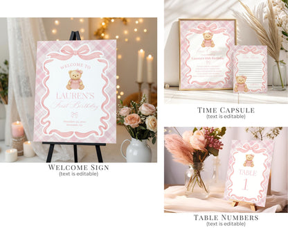 Pink Tartan Plaid Bear 1st Birthday Bundle Template, Beary First Birthday, Old Money Birthday Party, Coquette Bow Party Decorations WP1090