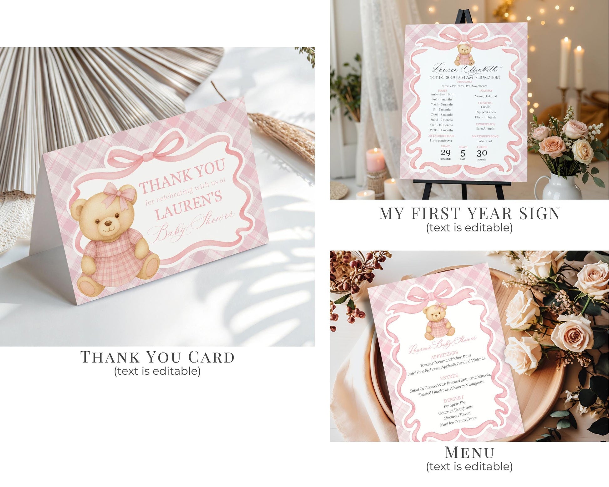 Pink Tartan Plaid Bear 1st Birthday Bundle Template, Beary First Birthday, Old Money Birthday Party, Coquette Bow Party Decorations WP1090