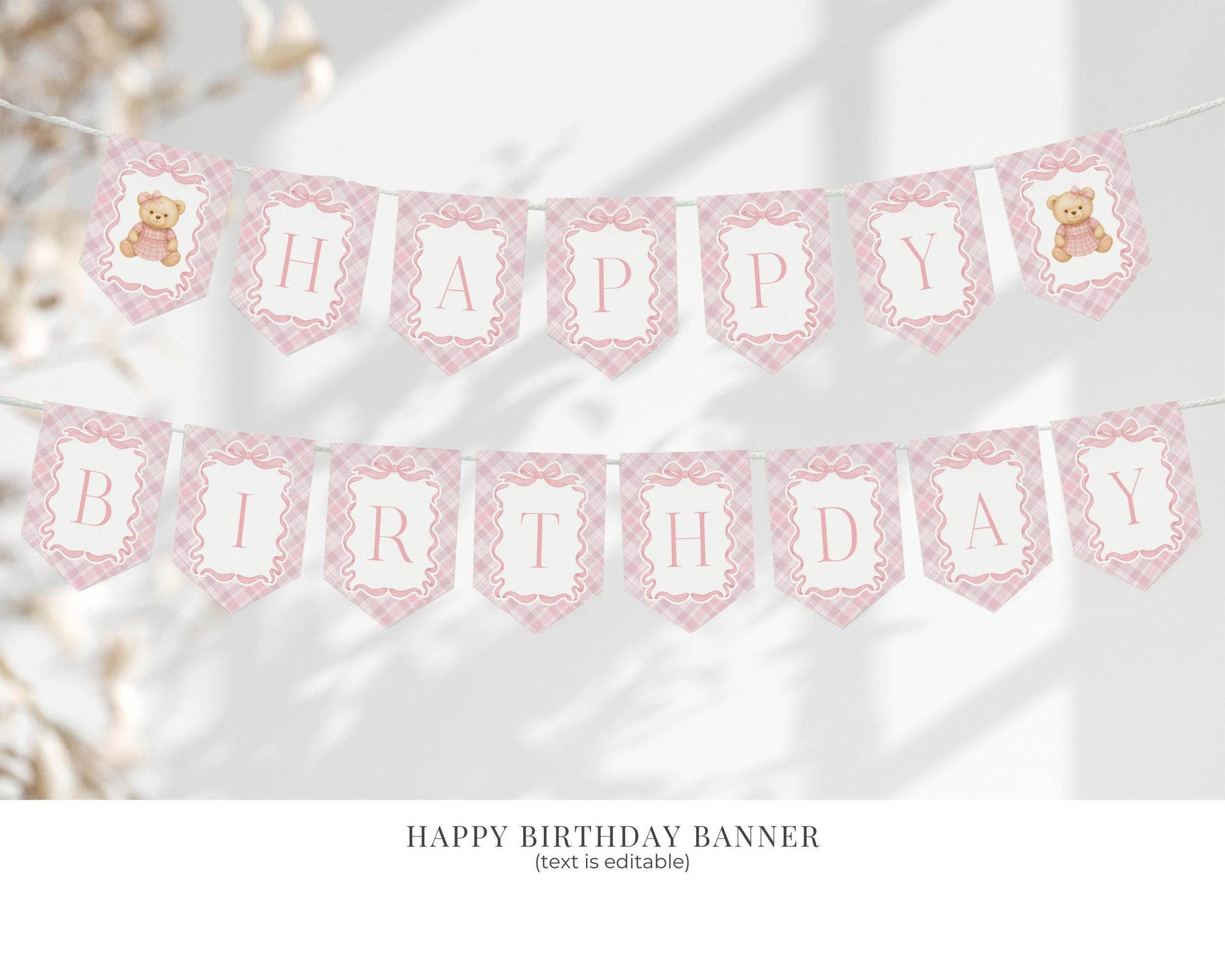 Pink Tartan Plaid Bear 1st Birthday Bundle Template, Beary First Birthday, Old Money Birthday Party, Coquette Bow Party Decorations WP1090