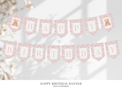 Pink Tartan Plaid Bear 1st Birthday Bundle Template, Beary First Birthday, Old Money Birthday Party, Coquette Bow Party Decorations WP1090