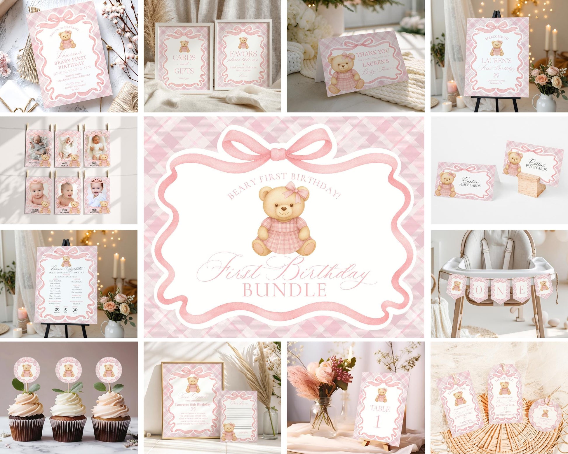 Pink Tartan Plaid Bear 1st Birthday Bundle Template, Beary First Birthday, Old Money Birthday Party, Coquette Bow Party Decorations WP1090