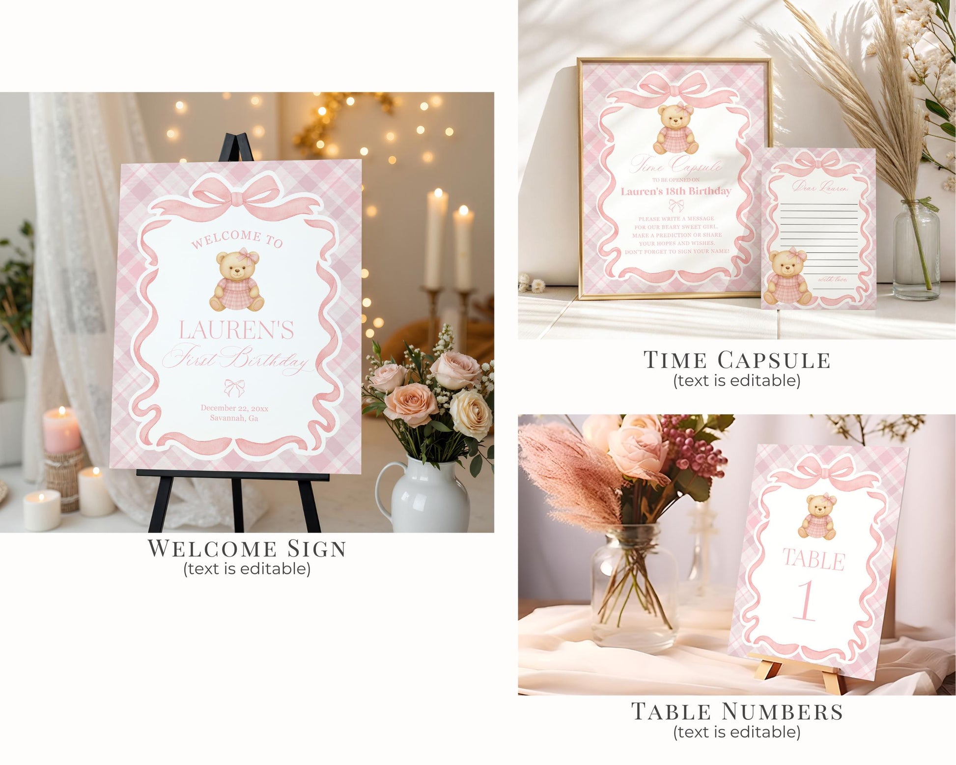 Pink Tartan Plaid Girl Birthday Bundle Printable Template, Old Money Teddy Bear Birthday Party, Coquette Bow Beary First Party Decor WP1090