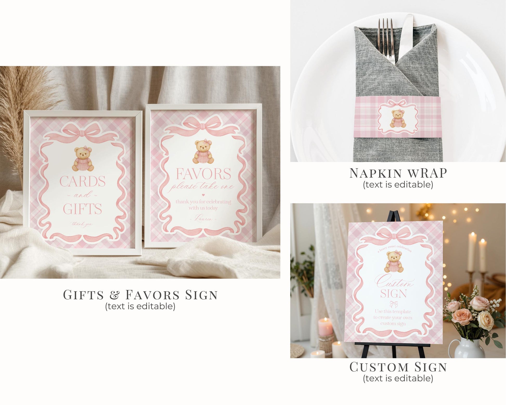 Pink Tartan Plaid Girl Birthday Bundle Printable Template, Old Money Teddy Bear Birthday Party, Coquette Bow Beary First Party Decor WP1090