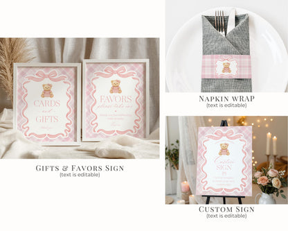 Pink Tartan Plaid Girl Birthday Bundle Printable Template, Old Money Teddy Bear Birthday Party, Coquette Bow Beary First Party Decor WP1090