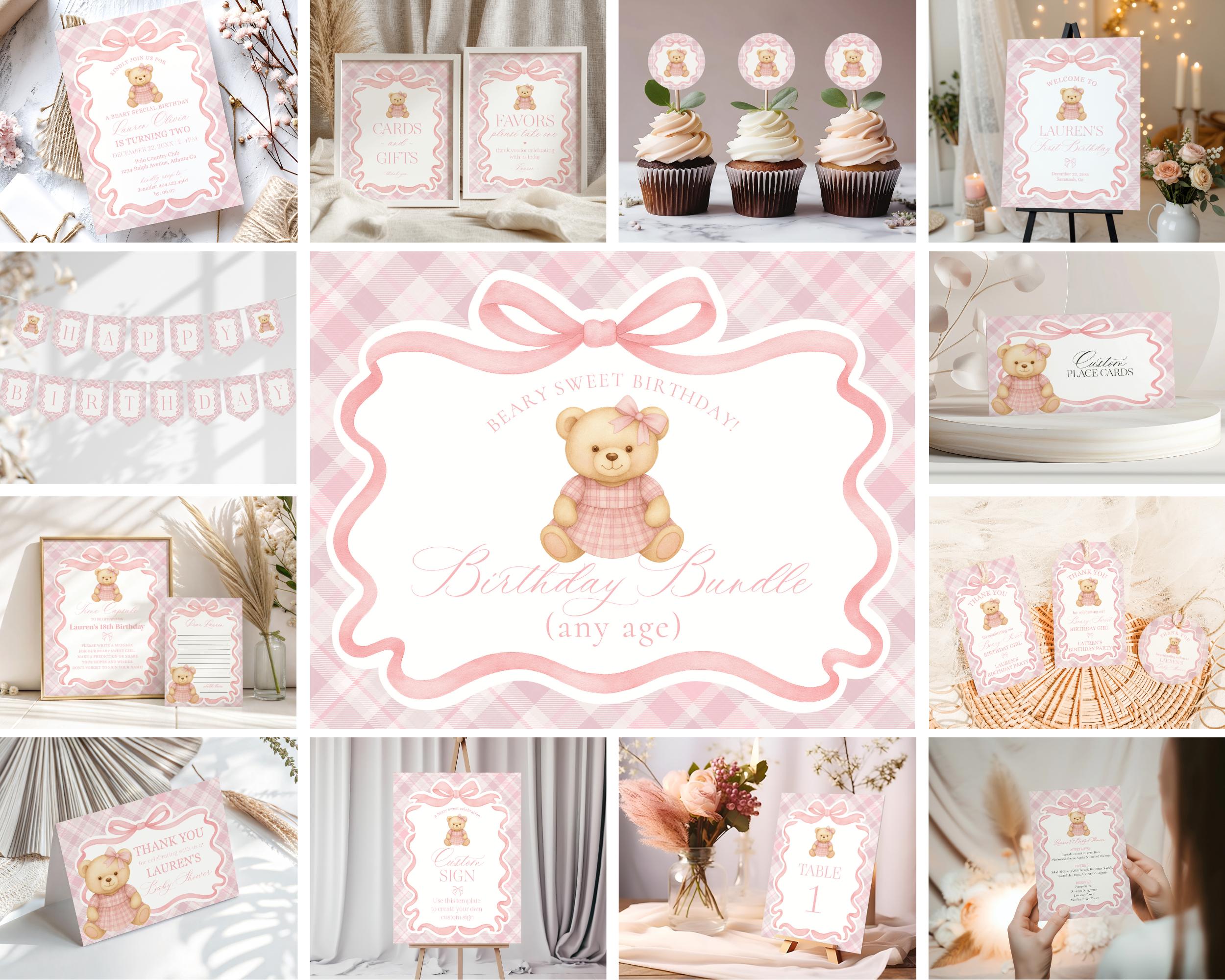 Pink Tartan Plaid Girl Birthday Bundle Printable Template, Old Money Teddy Bear Birthday Party, Coquette Bow Beary First Party Decor WP1090