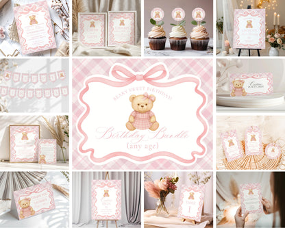 Pink Tartan Plaid Girl Birthday Bundle Printable Template, Old Money Teddy Bear Birthday Party, Coquette Bow Beary First Party Decor WP1090