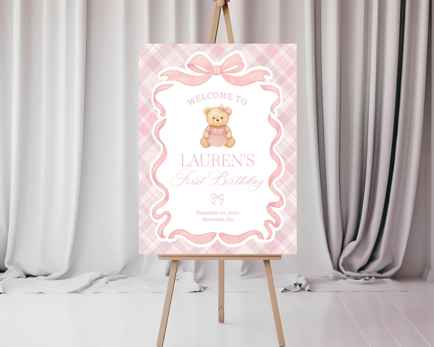 Pink Tartan Plaid Girl Birthday Bundle Printable Template, Old Money Teddy Bear Birthday Party, Coquette Bow Beary First Party Decor WP1090