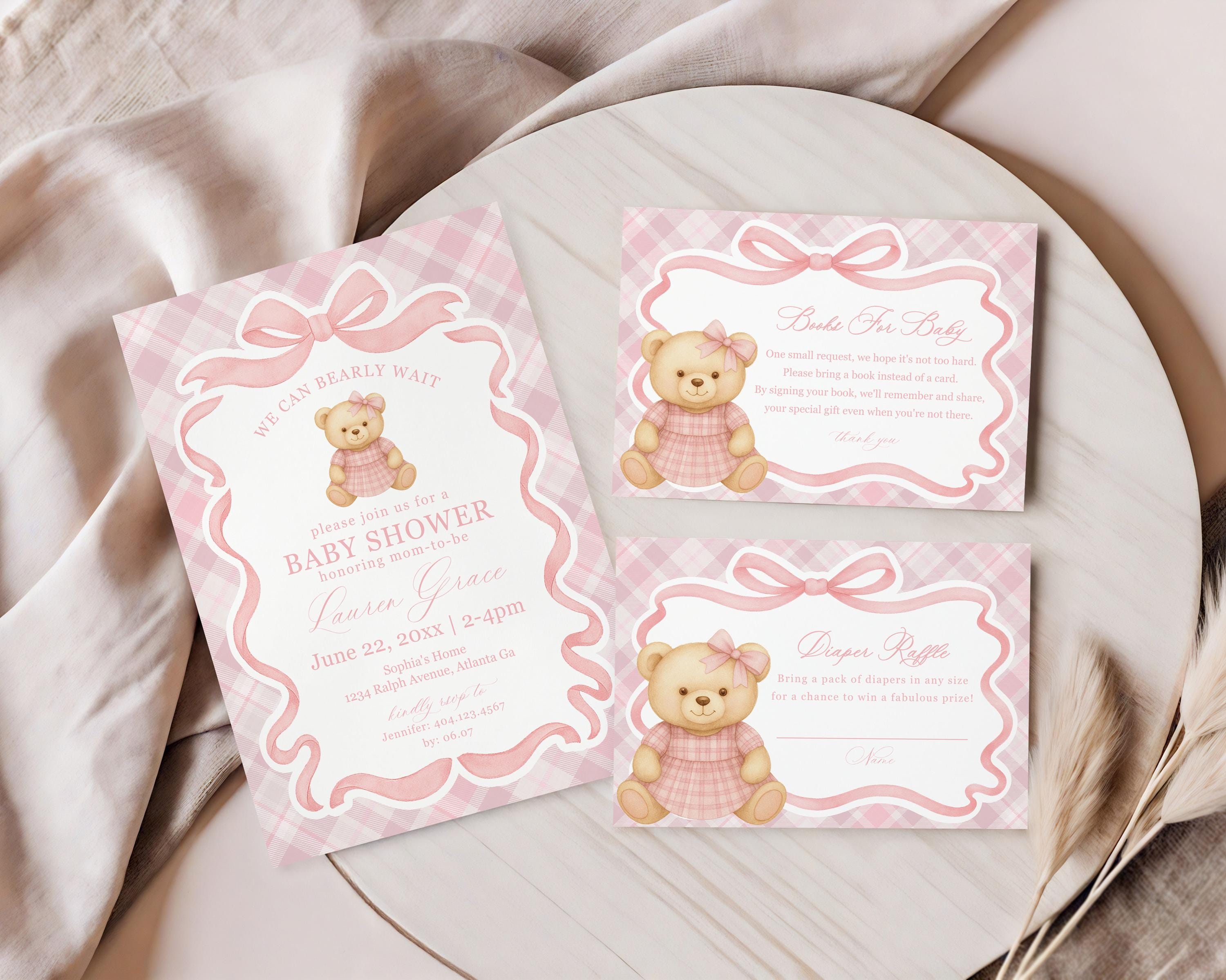 Pink Tartan Plaid Bear Baby Shower Invitation Template, We Can Bearly Wait Old Money Baby Sprinkle, Coquette Bow Nesting Party WP1090