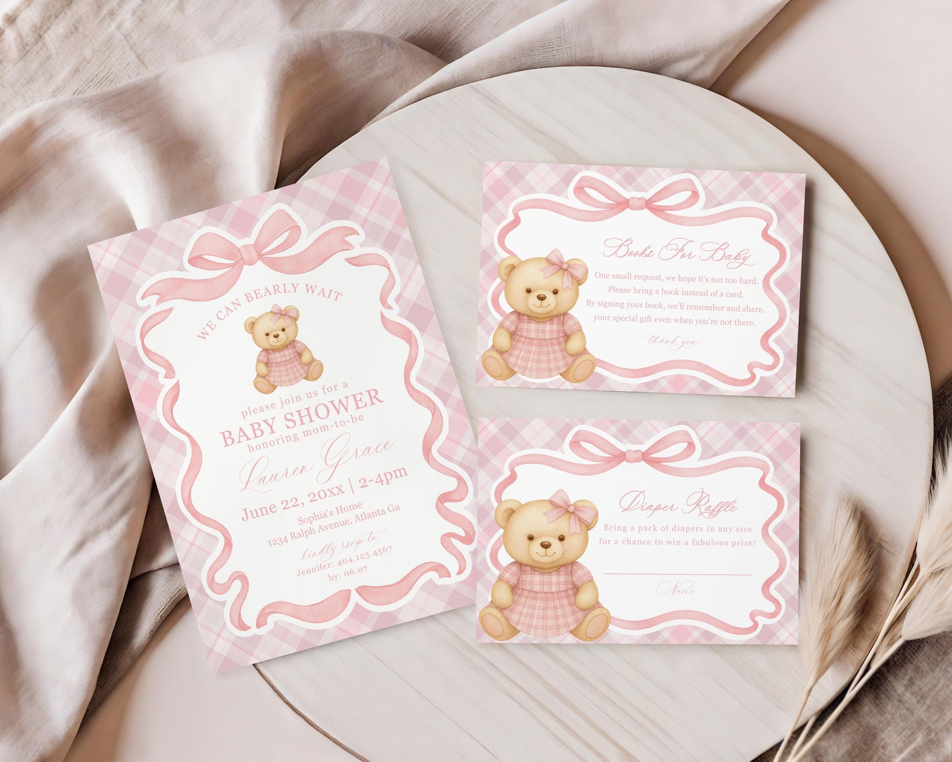 Pink Tartan Plaid Bear Baby Shower Invitation Template, We Can Bearly Wait Old Money Baby Sprinkle, Coquette Bow Nesting Party WP1090