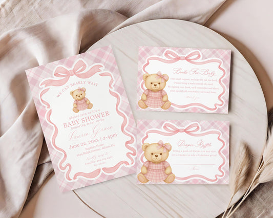Pink Tartan Plaid Bear Baby Shower Invitation Template, We Can Bearly Wait Old Money Baby Sprinkle, Coquette Bow Nesting Party WP1090
