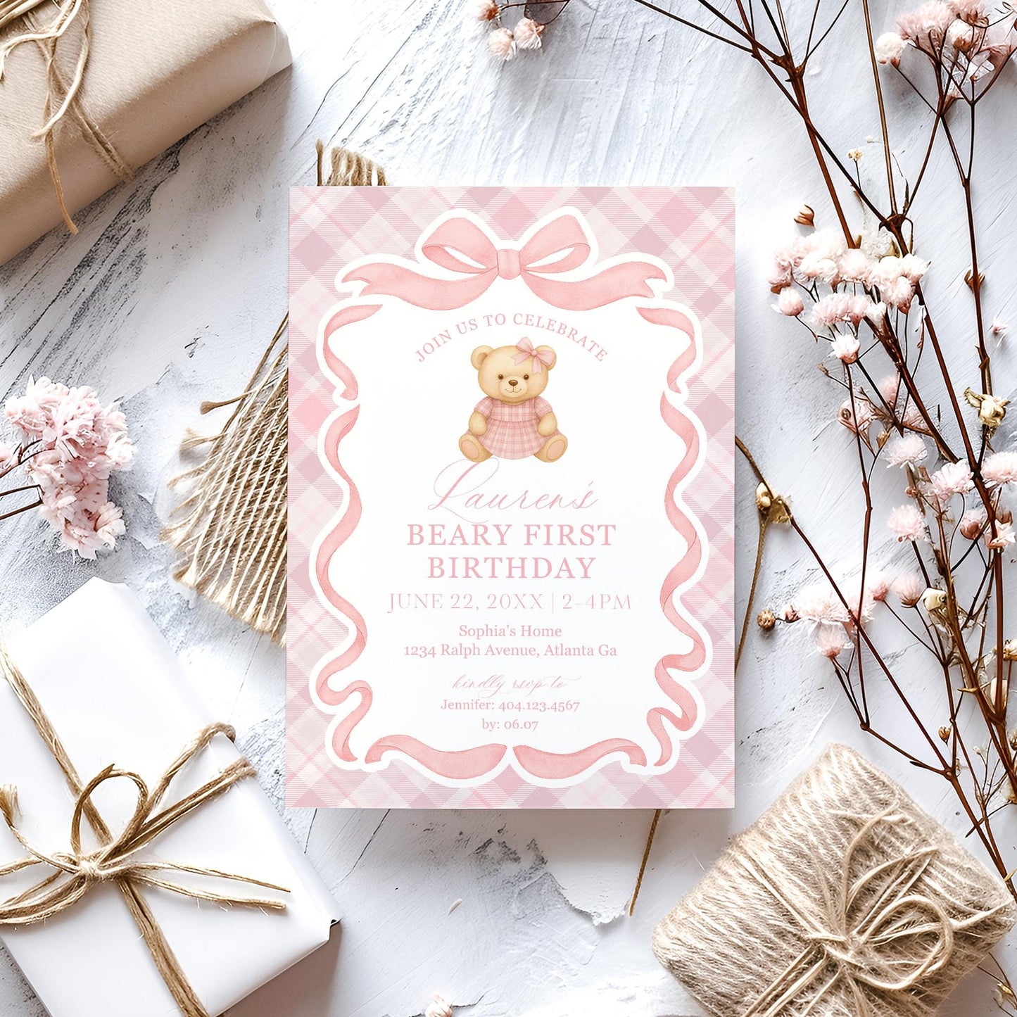 Pink Tartan Plaid Bear Girl 1st Birthday Invitation Template, Beary First Birthday Decor, Old Money Birthday Party Coquette Bow Party WP1090