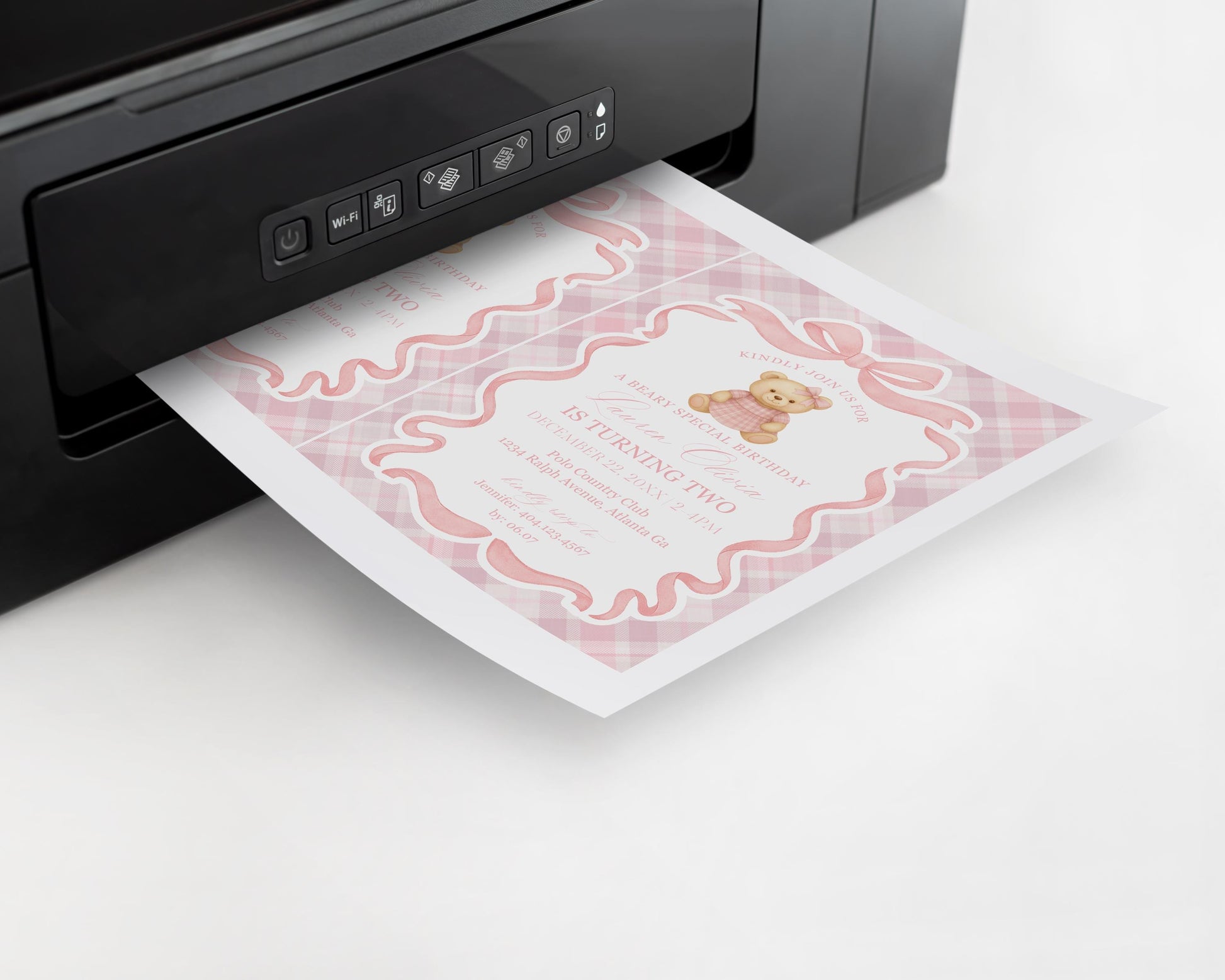 Pink Tartan Plaid Bear Birthday Invitation Printable Template, Old Money Teddy Bear Birthday Party, Coquette Bow Beary First Party WP1090