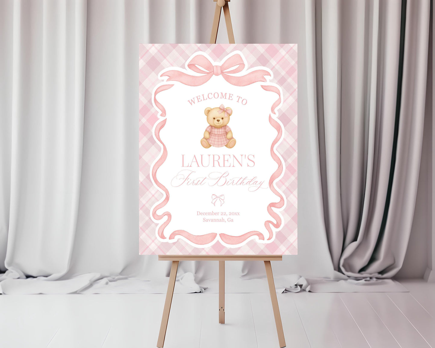 Pink Tartan Plaid Bear Birthday Party Welcome Sign Template, Beary First Birthday Decor, Old Money Birthday Party, Coquette Bow Party WP1090