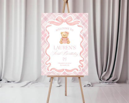 Pink Tartan Plaid Bear Birthday Party Welcome Sign Template, Beary First Birthday Decor, Old Money Birthday Party, Coquette Bow Party WP1090