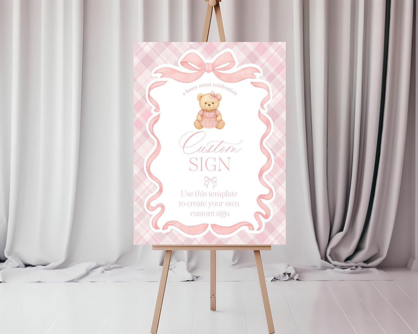 Pink Tartan Plaid Bear Custom Sign Template, We Can Bearly Wait Old Money Baby Shower, Beary First Birthday Coquette Bow Party WP1090