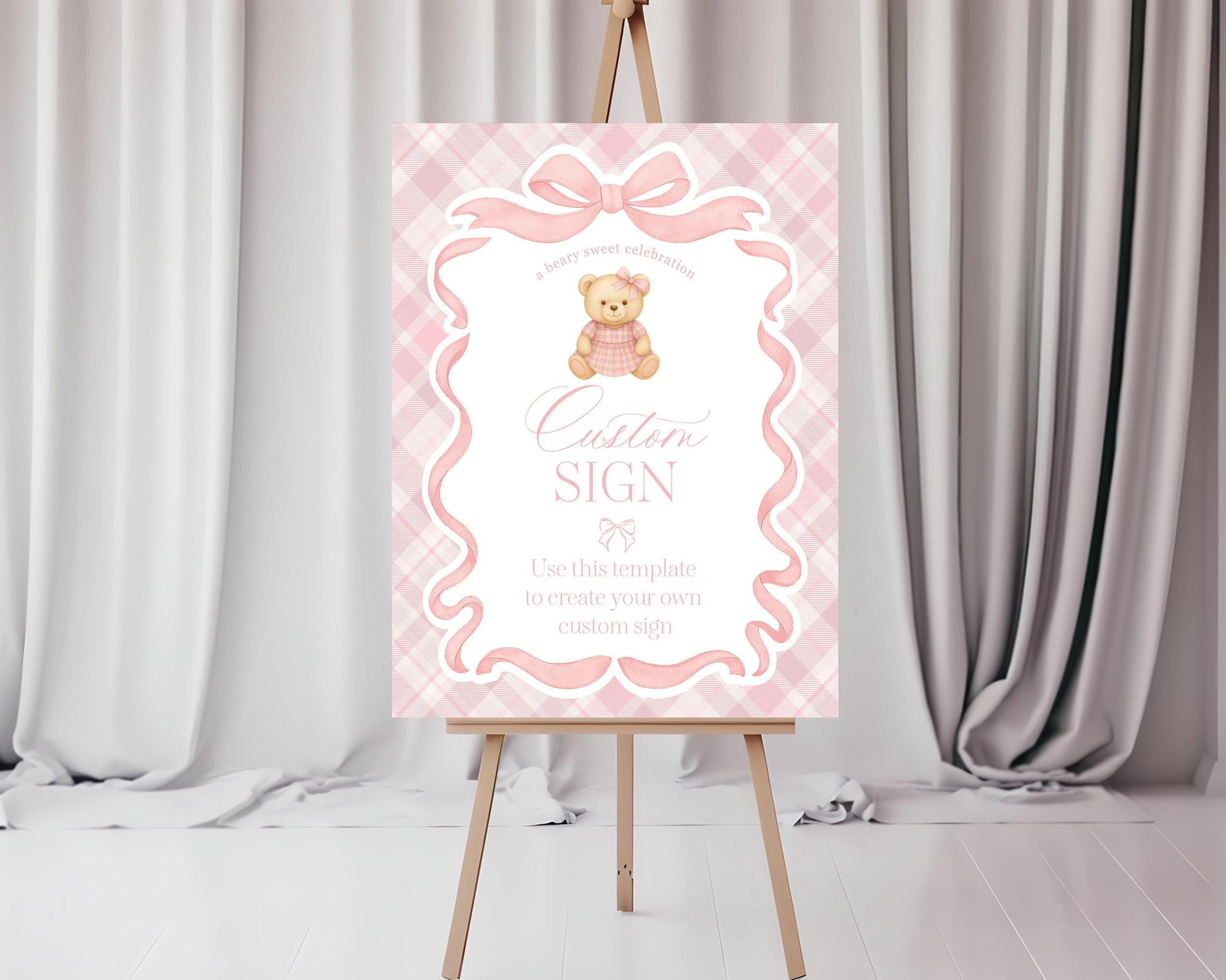 Pink Tartan Plaid Bear Custom Sign Template, We Can Bearly Wait Old Money Baby Shower, Beary First Birthday Coquette Bow Party WP1090