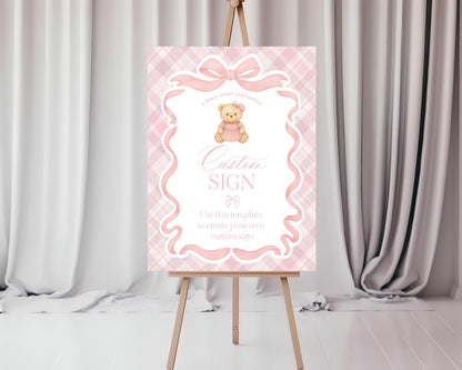 Pink Tartan Plaid Bear Custom Sign Template, We Can Bearly Wait Old Money Baby Shower, Beary First Birthday Coquette Bow Party WP1090
