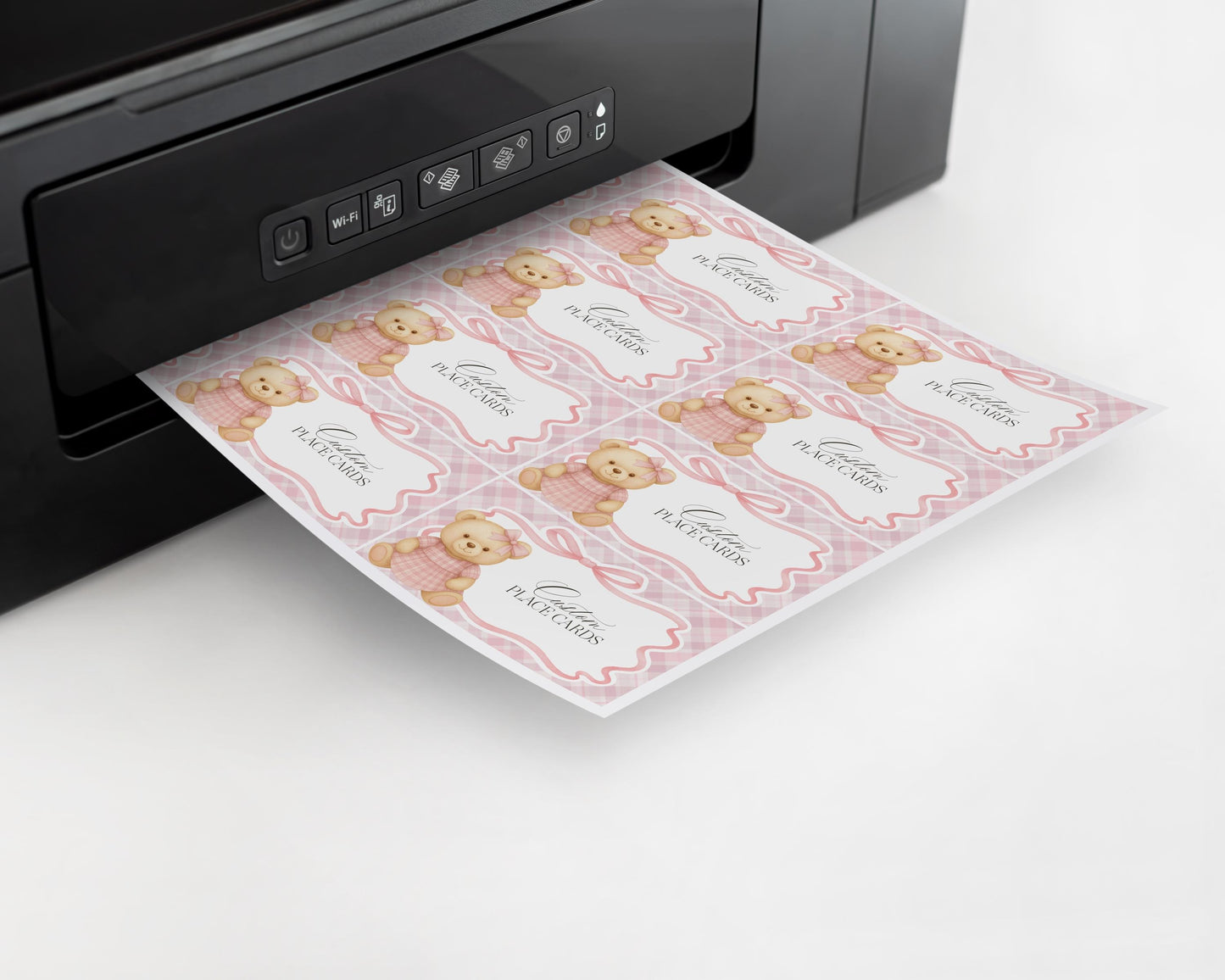 Pink Tartan Plaid Bear Place Cards Template, We Can Bearly Wait Old Money Baby Shower, Beary First Birthday Coquette Bow Party WP1090