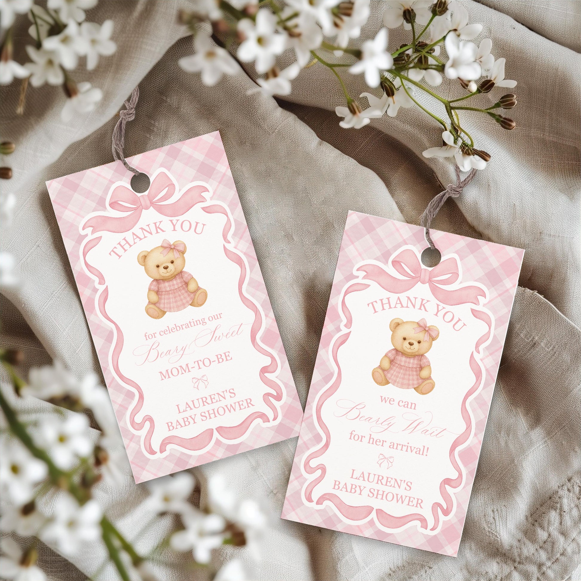 Pink Tartan Plaid Bear Baby Shower Favor Tags Template, We Can Bearly Wait Old Money Baby Sprinkle, Coquette Bow Nesting Party WP1090