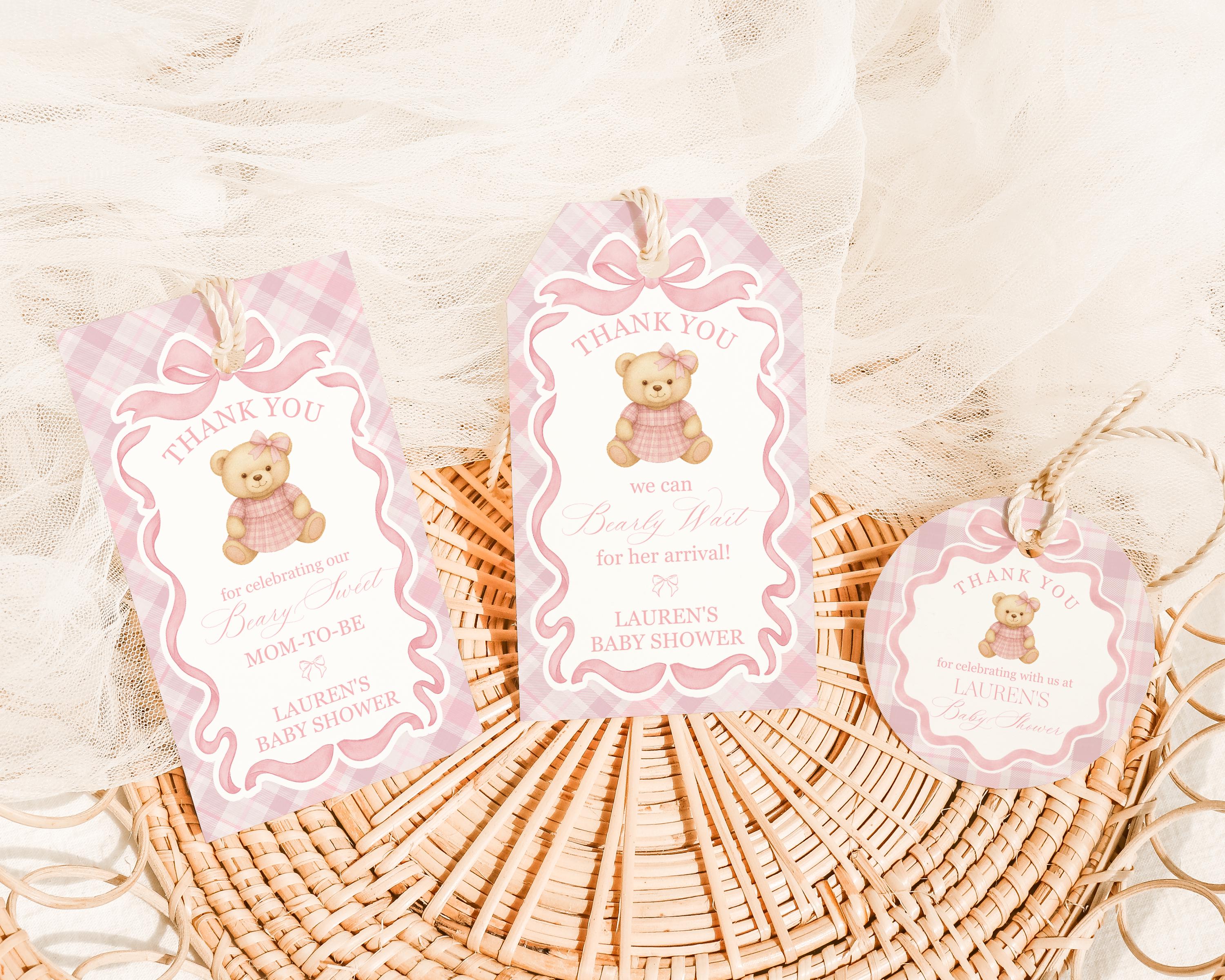 Pink Tartan Plaid Bear Baby Shower Favor Tags Template, We Can Bearly Wait Old Money Baby Sprinkle, Coquette Bow Nesting Party WP1090