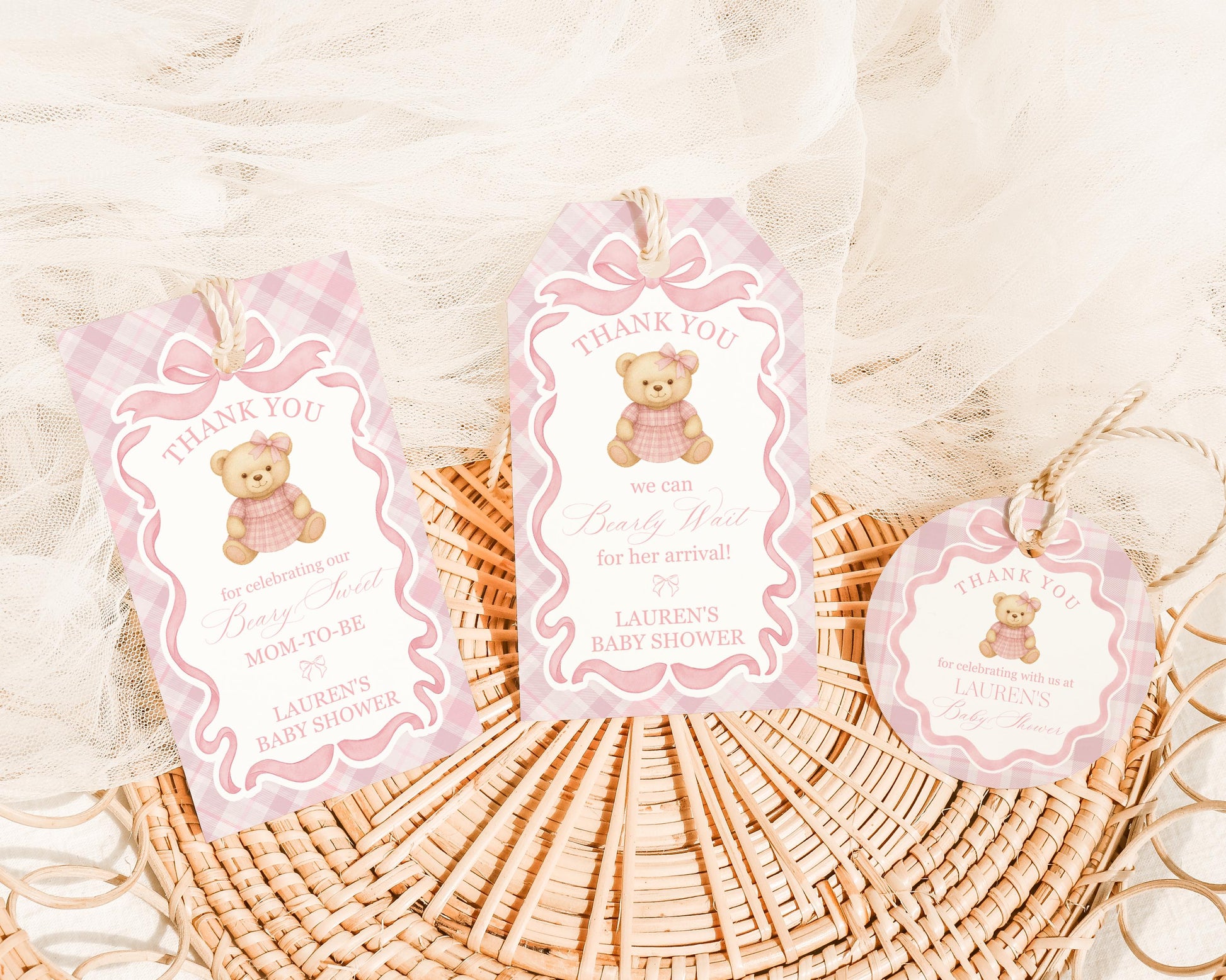 Pink Tartan Plaid Bear Baby Shower Favor Tags Template, We Can Bearly Wait Old Money Baby Sprinkle, Coquette Bow Nesting Party WP1090