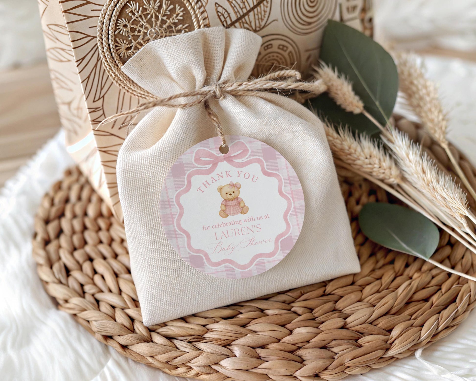 Pink Tartan Plaid Bear Baby Shower Favor Tags Template, We Can Bearly Wait Old Money Baby Sprinkle, Coquette Bow Nesting Party WP1090