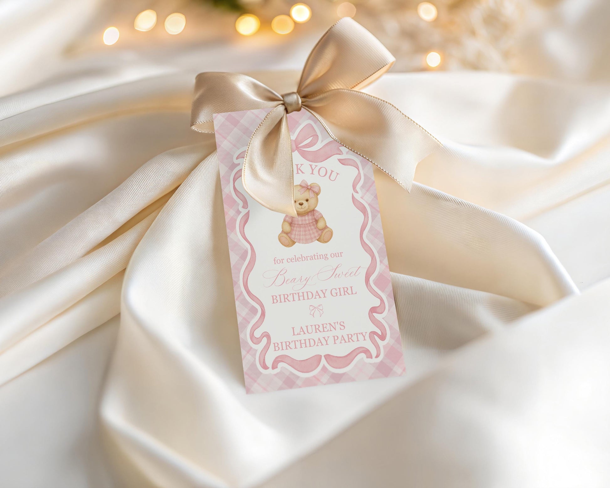 Pink Tartan Plaid Bear Girl Birthday Party Favor Tags Template, Beary First Birthday Decor, Old Money Coquette Bow Birthday Party WP1090