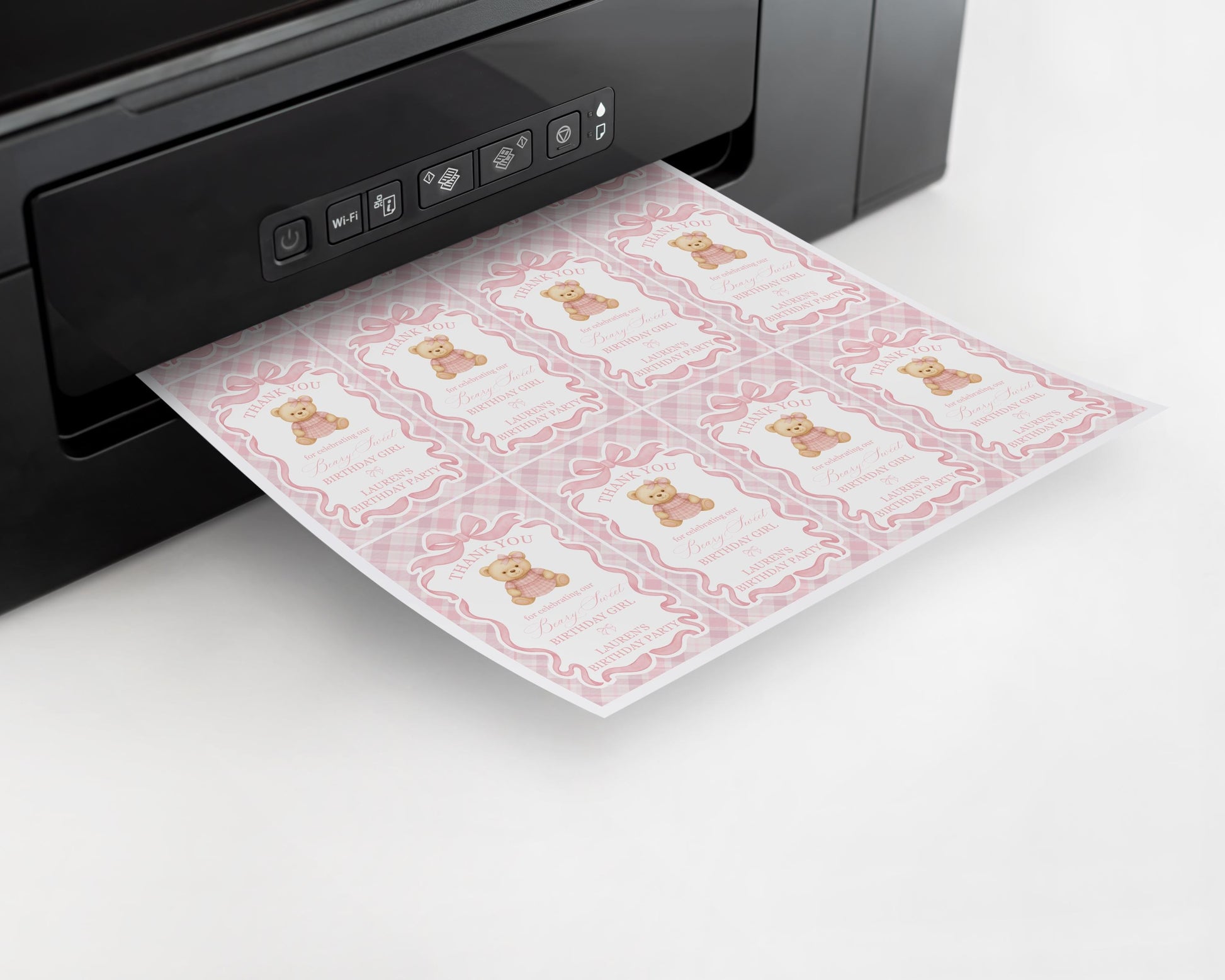 Pink Tartan Plaid Bear Girl Birthday Party Favor Tags Template, Beary First Birthday Decor, Old Money Coquette Bow Birthday Party WP1090