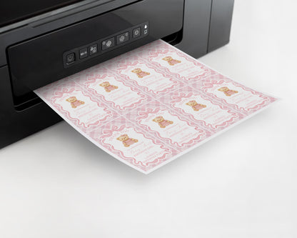 Pink Tartan Plaid Bear Girl Birthday Party Favor Tags Template, Beary First Birthday Decor, Old Money Coquette Bow Birthday Party WP1090