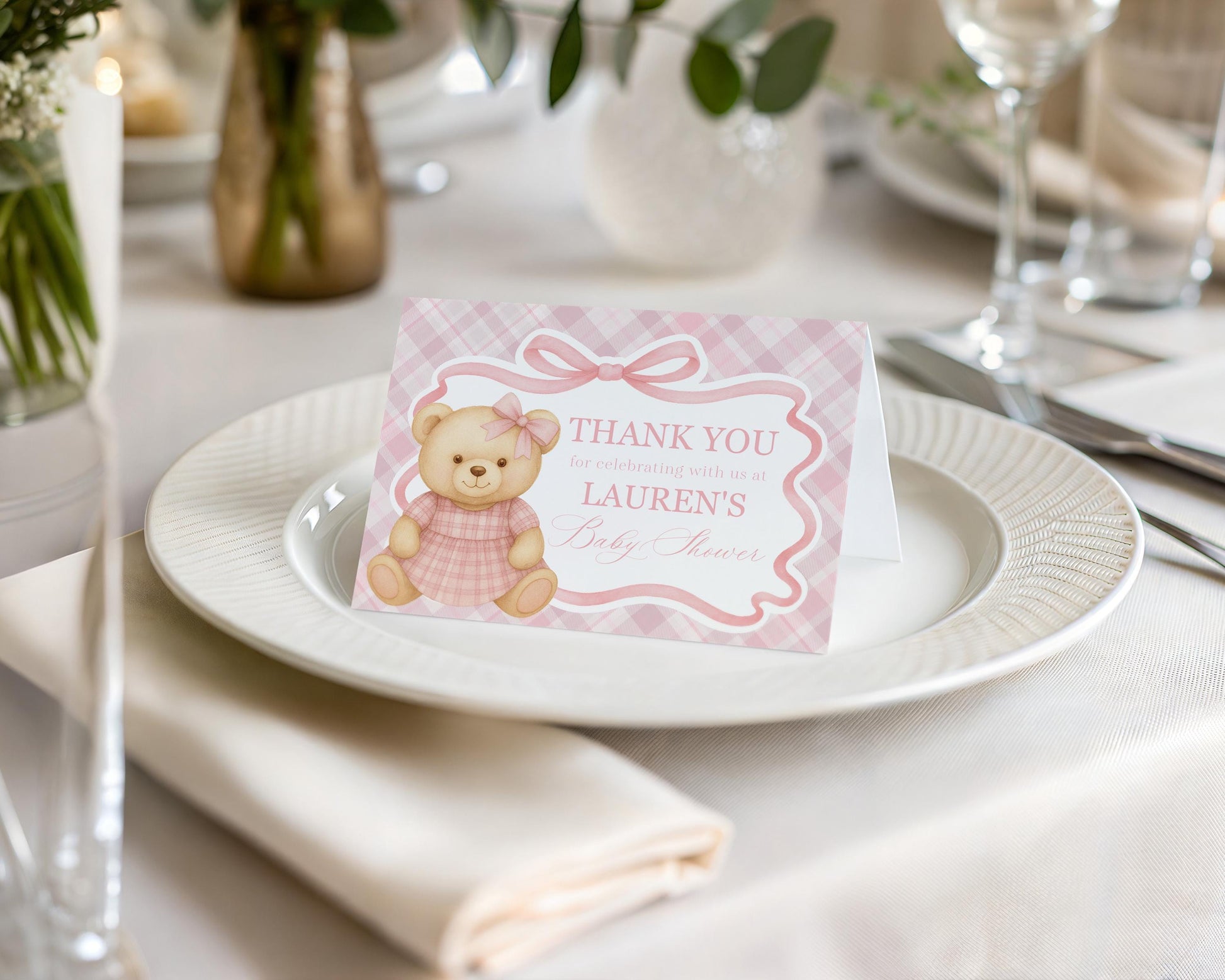 Pink Tartan Plaid Bear Thank You Card Template, We Can Bearly Wait Old Money Baby Shower, Beary First Birthday Coquette Bow Party WP1090