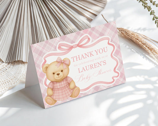 Pink Tartan Plaid Bear Thank You Card Template, We Can Bearly Wait Old Money Baby Shower, Beary First Birthday Coquette Bow Party WP1090