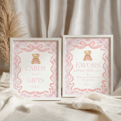 Pink Tartan Plaid Bear Cards & Gifts and Favors Sign Template, We Can Bearly Wait Old Money Baby Shower, Beary First Birthday Party WP1090
