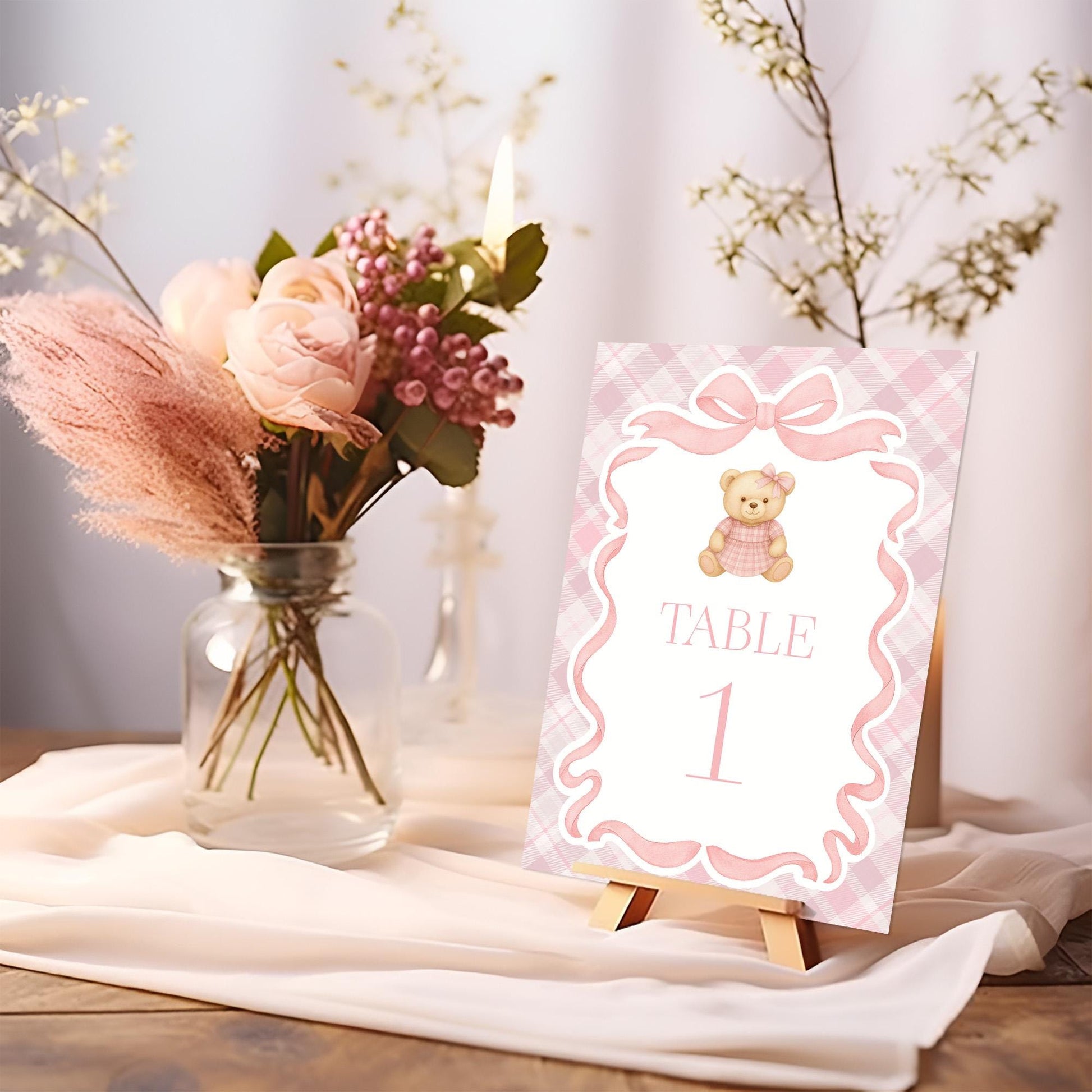 Pink Tartan Plaid Bear Table Number Cards Template, We Can Bearly Wait Old Money Baby Shower, Beary First Birthday Coquette Bow Party WP1090