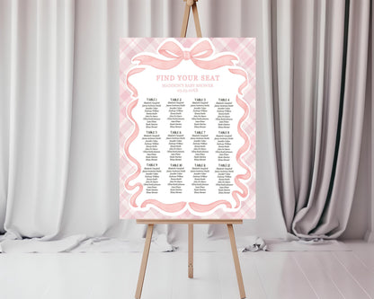 Pink Tartan Plaid Bear Seating Chart Cards Template, We Can Bearly Wait Old Money Baby Shower, Beary First Bday Coquette Bow Party WP1090