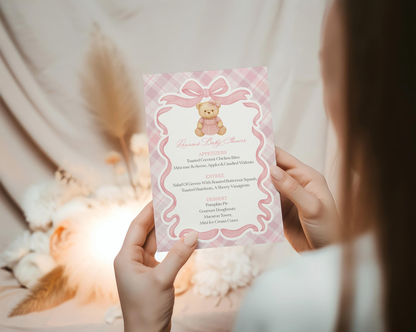 Pink Tartan Plaid Bear Menu Template, We Can Bearly Wait Old Money Baby Shower, Beary First Birthday Coquette Bow Party WP1090