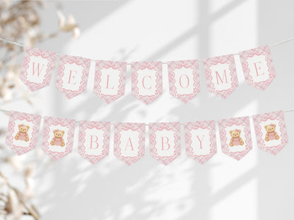 Pink Tartan Plaid Bear Baby Shower Banner Template, We Can Bearly Wait Old Money Baby Sprinkle, Coquette Bow Nesting Party WP1090