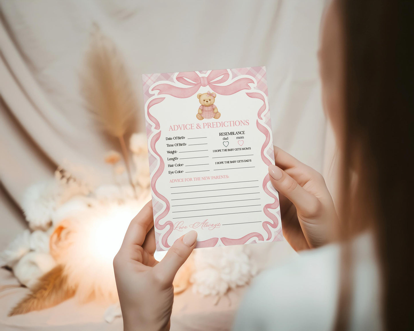 Pink Tartan Plaid Bear Advice for Baby Cards Template, We Can Bearly Wait Old Money Baby Sprinkle, Coquette Bow Nesting Party WP1090