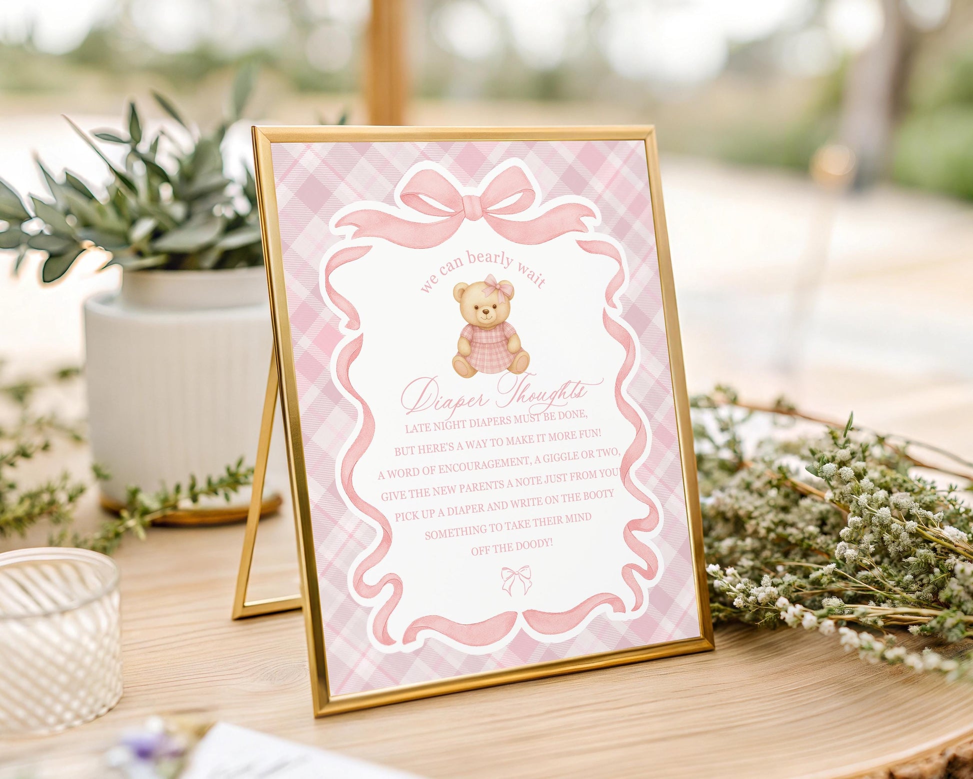 Pink Tartan Plaid Bear Baby Shower Diaper Thoughts Template, We Can Bearly Wait Old Money Baby Sprinkle, Coquette Bow Nesting Party WP1090