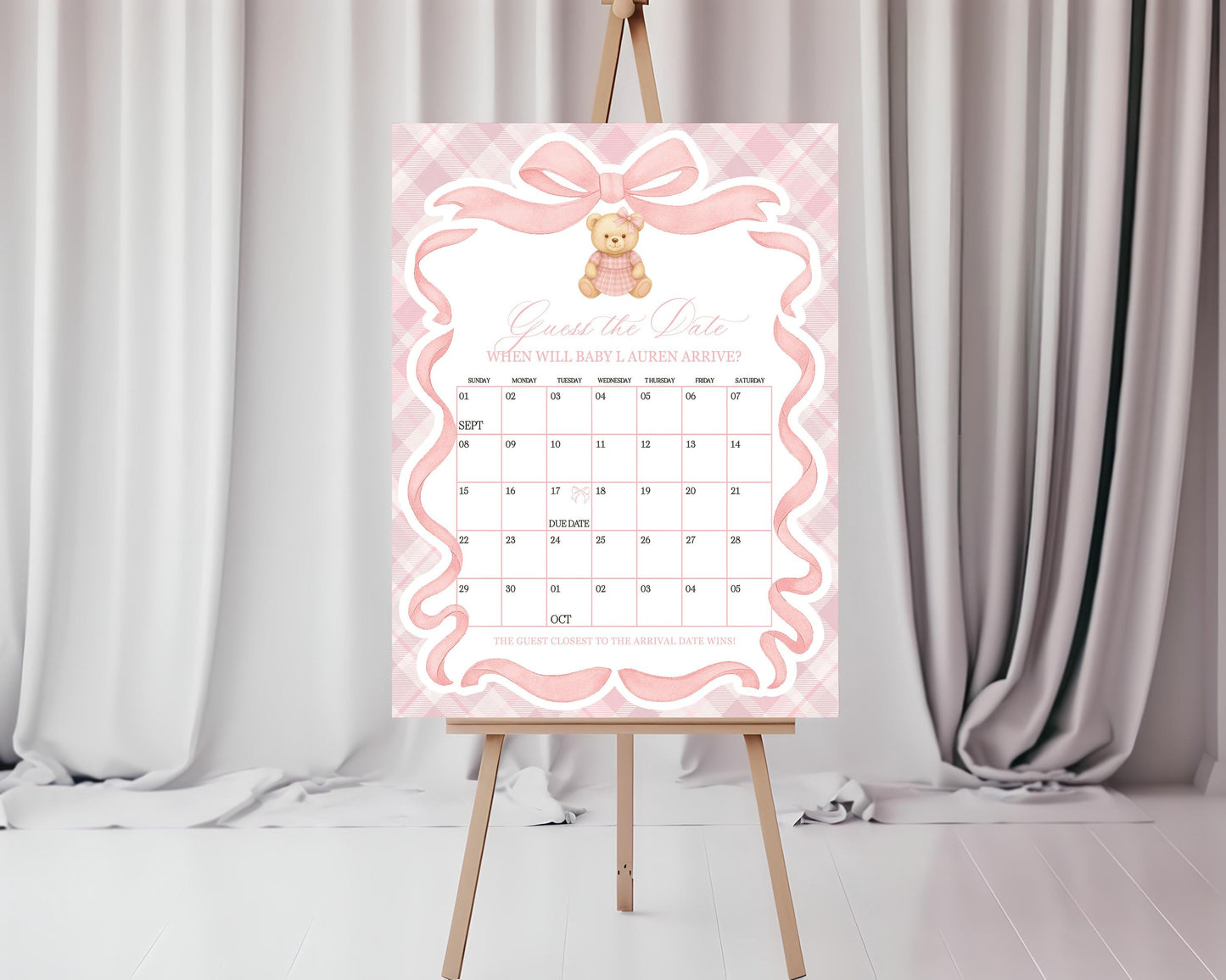 Pink Tartan Plaid Bear Girl Baby Shower Guess the Date Template, We Can Bearly Wait Old Money Baby Sprinkle, Coquette Nesting Party WP1090