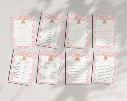 Pink Tartan Plaid Bear Baby Shower Games Template, We Can Bearly Wait Old Money Baby Sprinkle, Coquette Bow Nesting Party WP1090