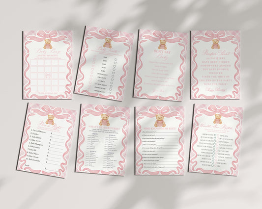 Pink Tartan Plaid Bear Baby Shower Games Template, We Can Bearly Wait Old Money Baby Sprinkle, Coquette Bow Nesting Party WP1090