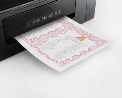 Pink Tartan Plaid Bear Baby Shower Games Template, We Can Bearly Wait Old Money Baby Sprinkle, Coquette Bow Nesting Party WP1090