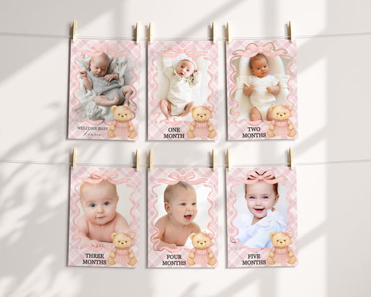 Pink Tartan Plaid Bear Girl 1st Birthday Milestone Banner Template, Beary First Birthday Decor, Old Money Bday Coquette Bow Party WP1090