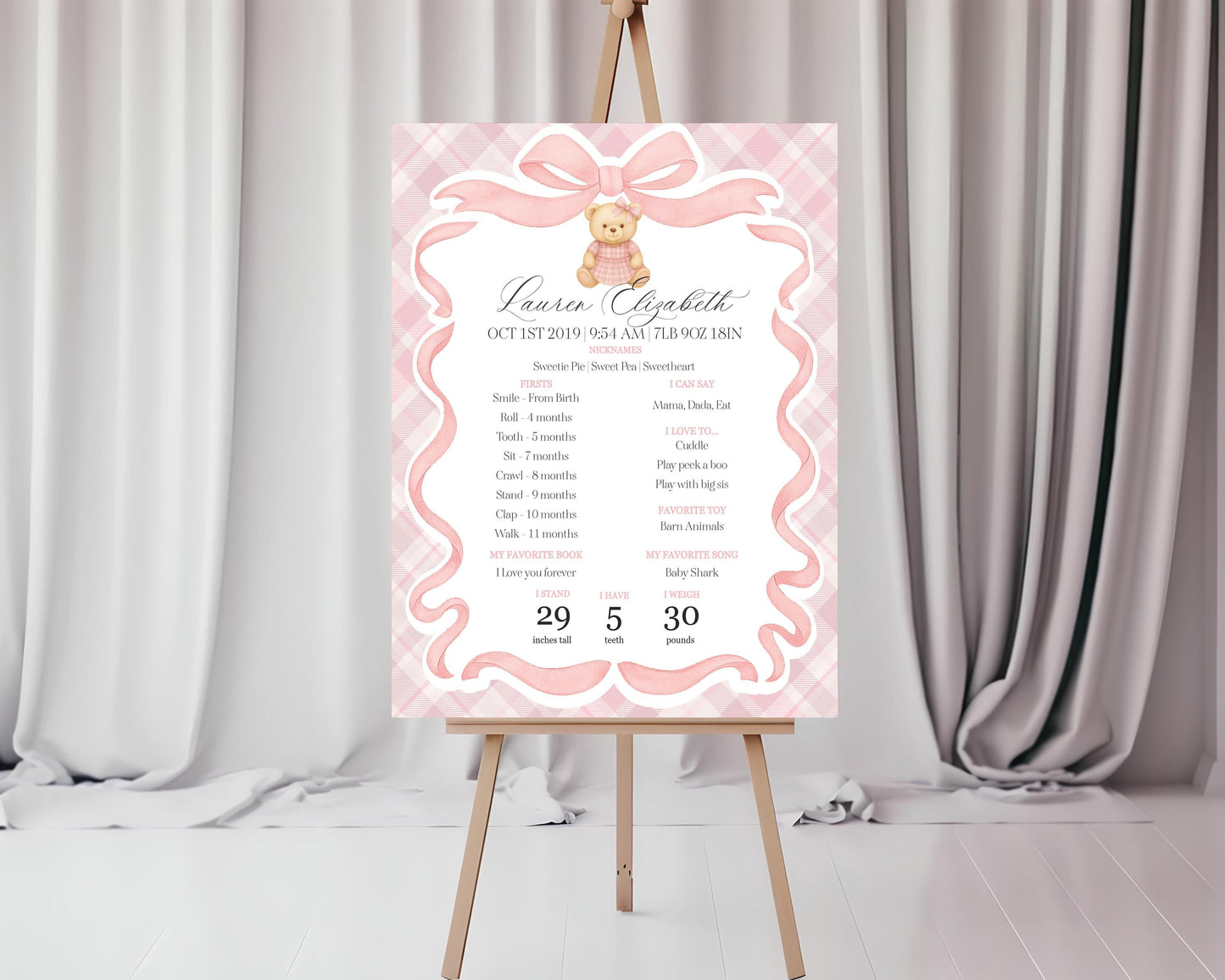 Pink Tartan Plaid Bear First Year Milestone Sign Printable Template, Beary First Birthday Decor, Old Money Bday Coquette Bow Party WP1090