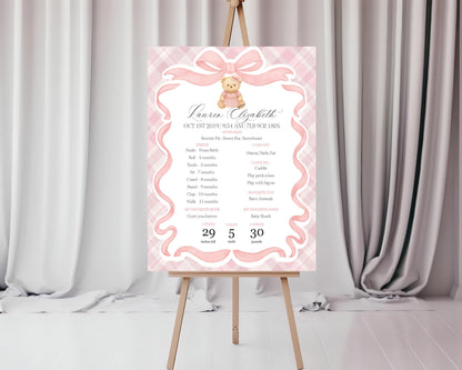 Pink Tartan Plaid Bear First Year Milestone Sign Printable Template, Beary First Birthday Decor, Old Money Bday Coquette Bow Party WP1090