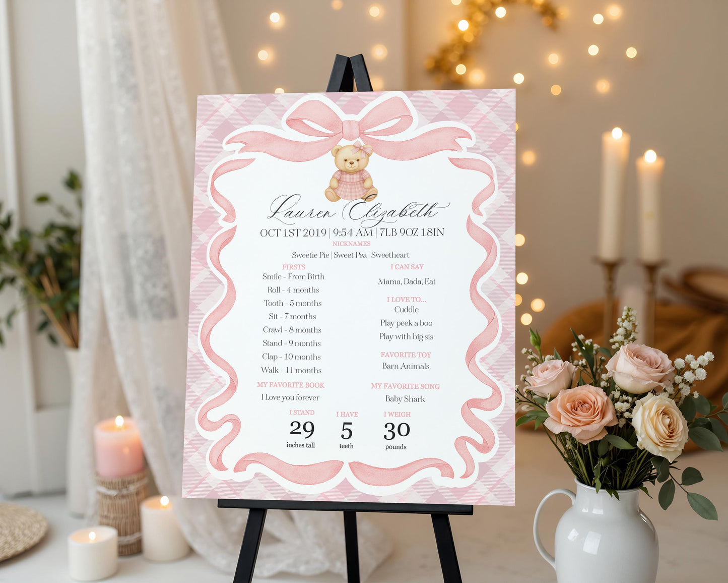Pink Tartan Plaid Bear First Year Milestone Sign Printable Template, Beary First Birthday Decor, Old Money Bday Coquette Bow Party WP1090