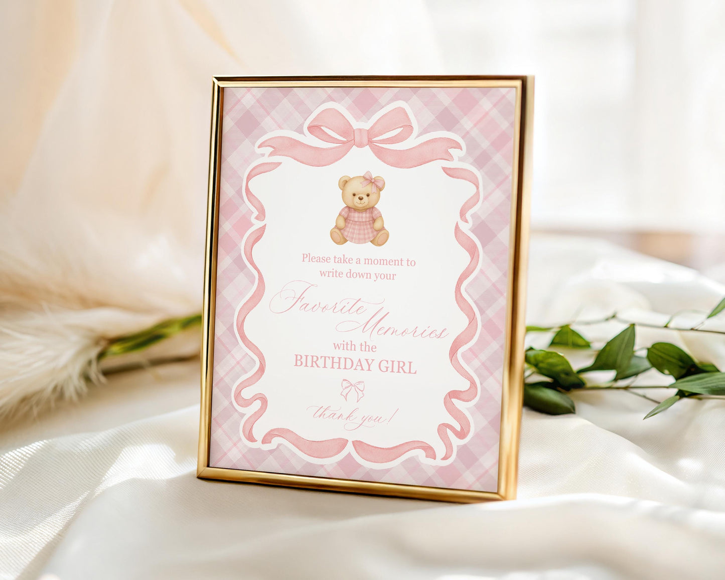 Pink Tartan Plaid Bear Favorite Memories Birthday Template, Old Money Teddy Bear Birthday Party, Coquette Bow Beary First Party WP1090
