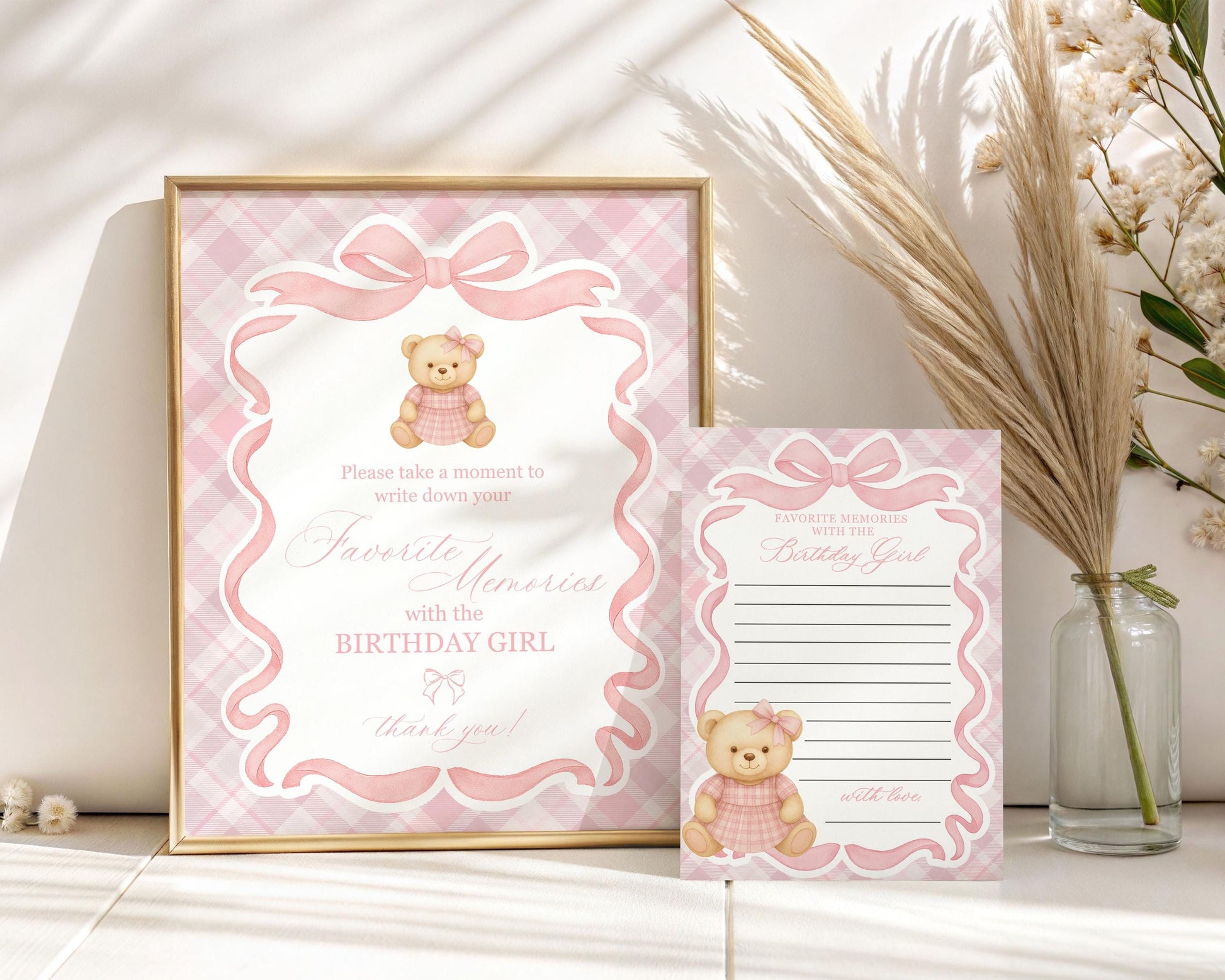 Pink Tartan Plaid Bear Favorite Memories Birthday Template, Old Money Teddy Bear Birthday Party, Coquette Bow Beary First Party WP1090