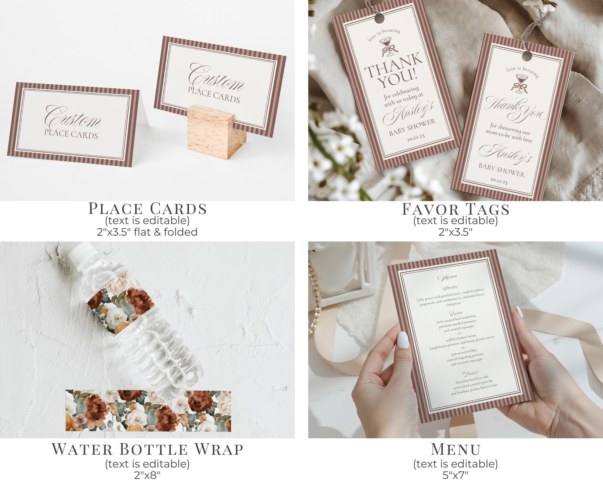 Espresso Martini Striped Baby Shower Bundle Printable Template, Mocha Brown Coffee Baby Sprinkle, Baby is Brewing Brunch with Mom WP1091